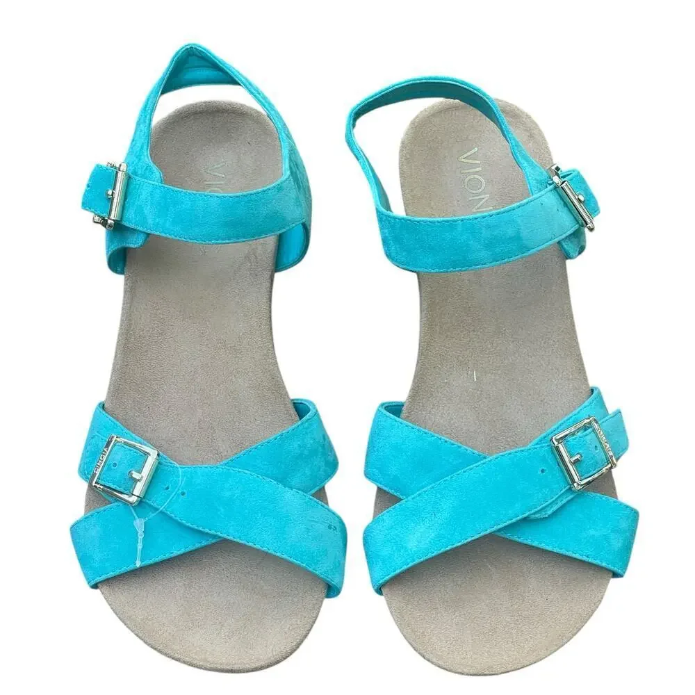 VIONIC Anka Teal Suede Leather Sandal Cork Wedges Size 7